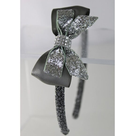 Girls Metallic Rhinestone Tail Bow Headband Christmas Holiday Festive Hair Bow - Picture 4 of 5